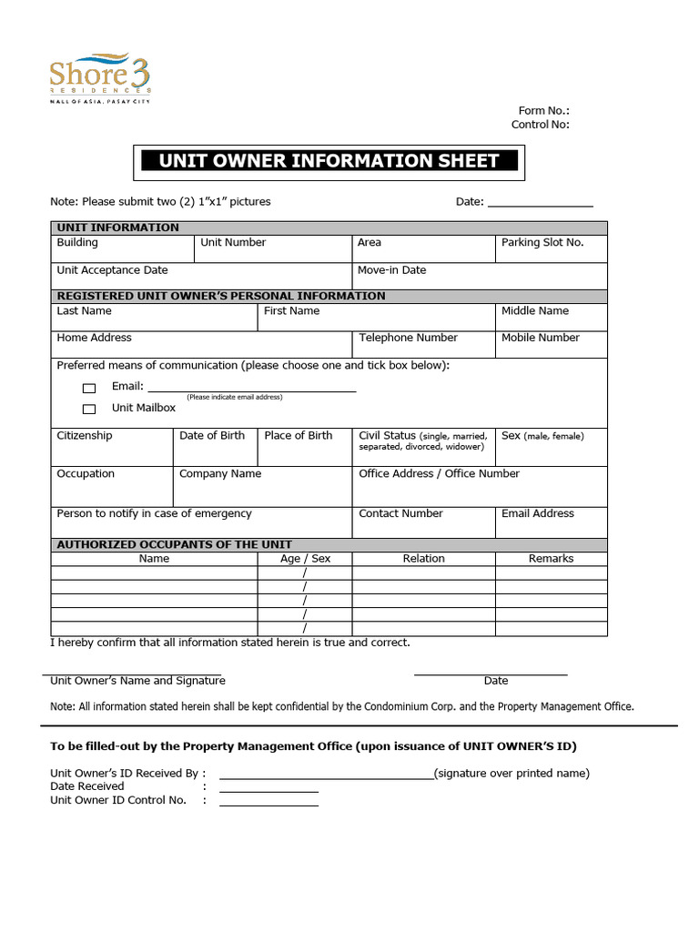 Unit Owner Information Sheet Form | PDF