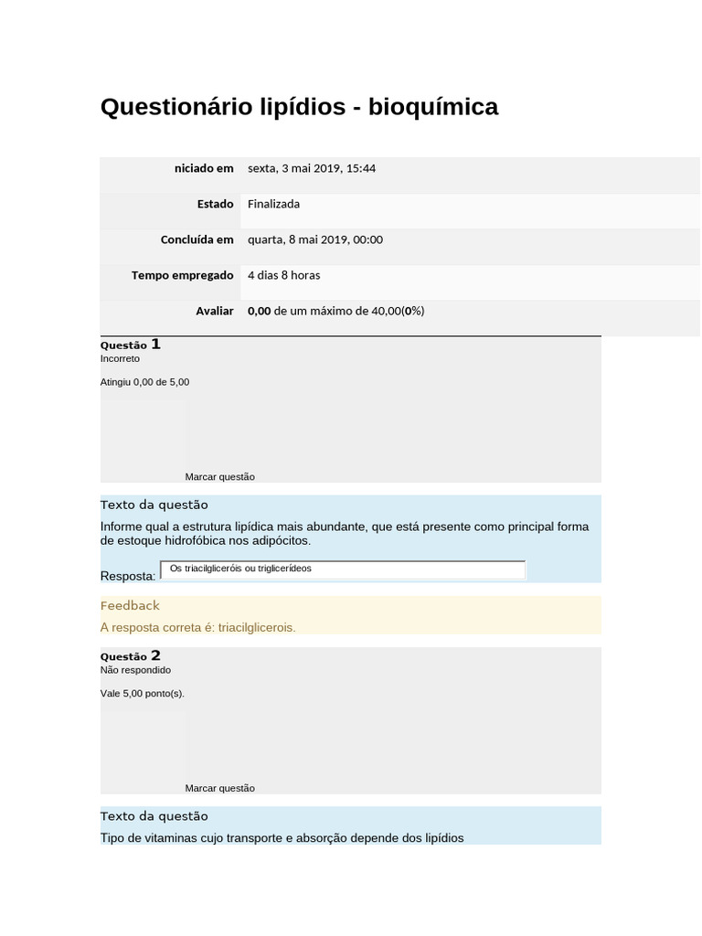 Questionário sobre Lipídios em Bioquímica | PDF | Lipídio | Triglicerídeo
