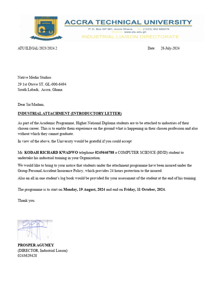 Industrial Attachment Introductory Letter | PDF