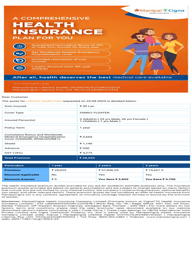 Lifetime Health Insurance Quote Details | PDF