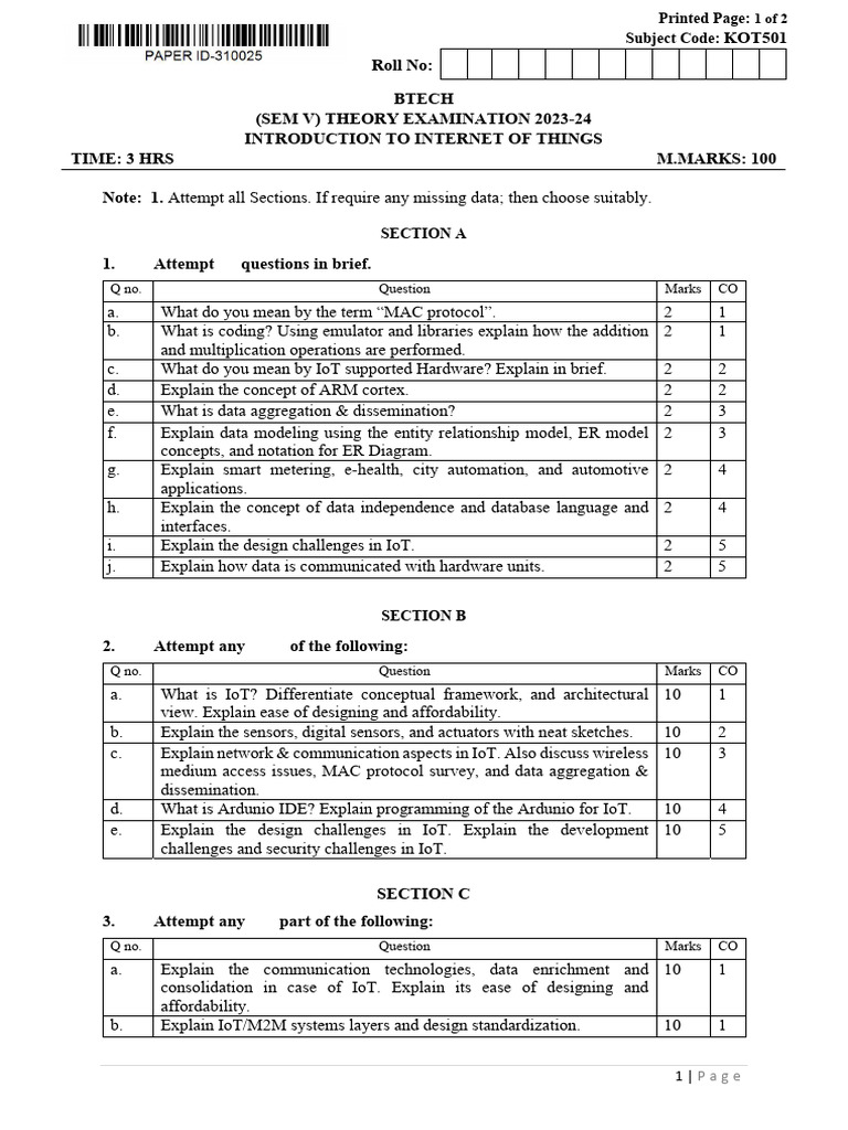IoT Theory Exam Paper 2023-24 | PDF | Internet Of Things | Arduino