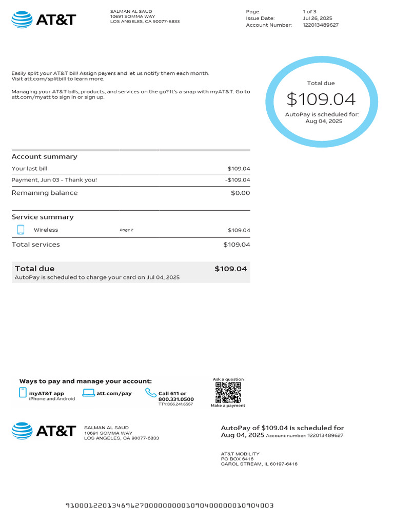AT&T Bill Summary for Salman Al Saud | PDF | Banking Technology | Payments