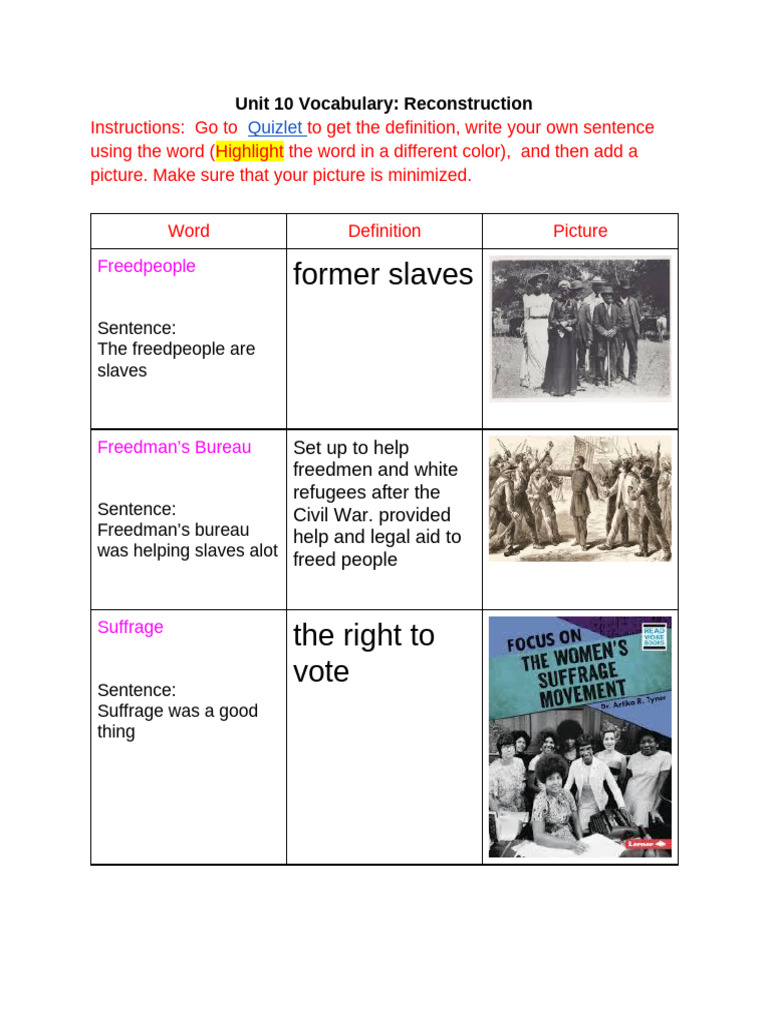 Reconstruction Vocabulary Guide | PDF | Freedman | Society Of The ...