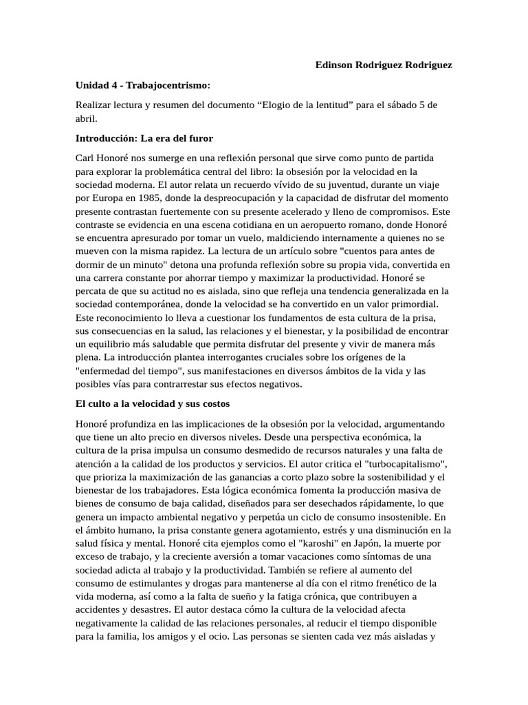 Unidad 4 - Elogio A Al Lentitud | PDF | Aprendizaje | Consumo (economía)