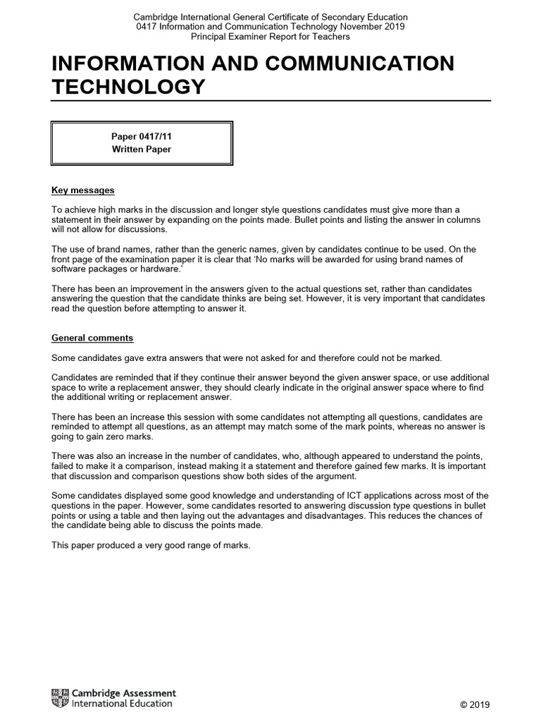 Information and Communication Technology: Paper 0417/11 Written Paper ...