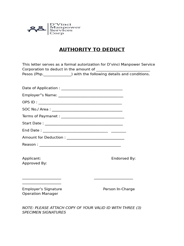 Authority to Deduct Authorization Form | PDF