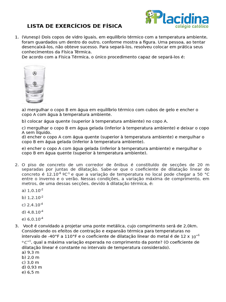 Exercícios de Física Térmica e Dilatação | PDF | Expansão térmica ...