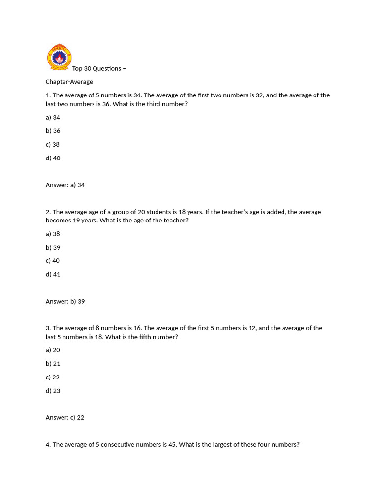 Average Calculation Questions and Answers | PDF | Chess Openings ...