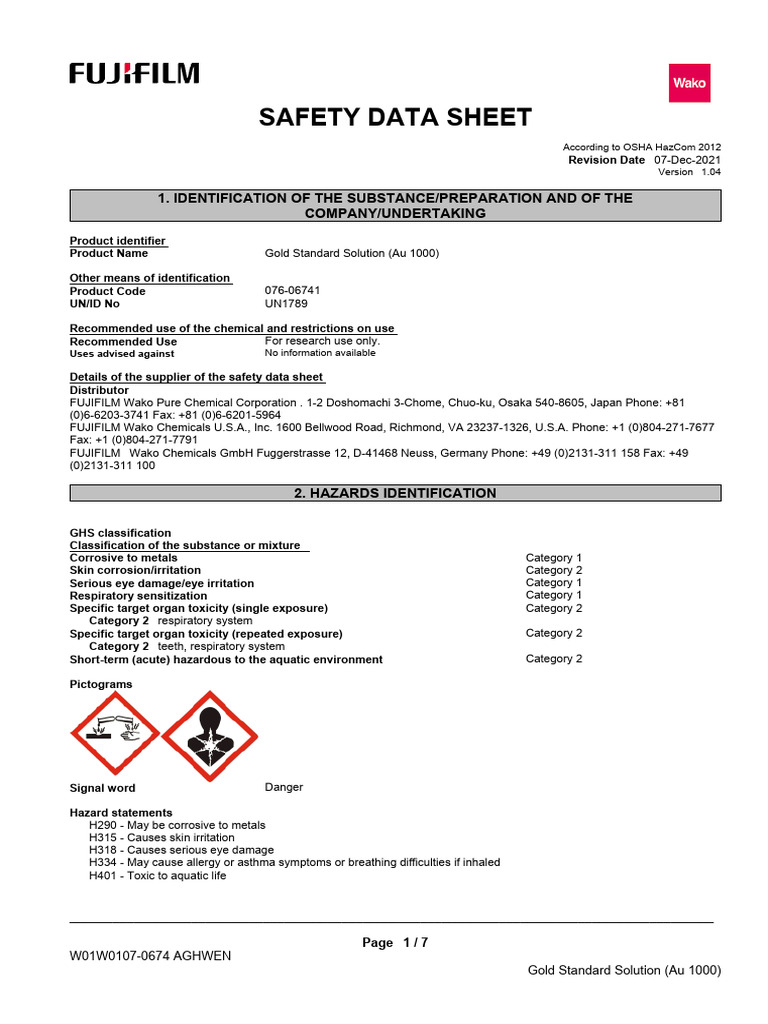 Gold Standard Solution Safety Data Sheet | PDF | Toxicity | Dangerous Goods