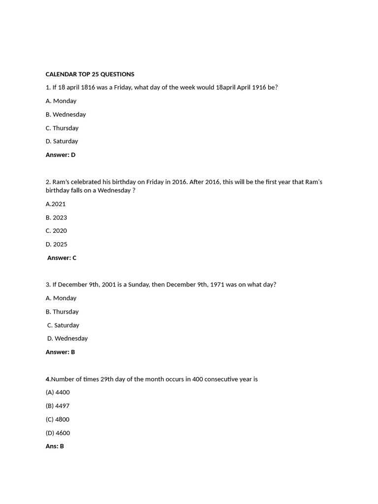 Top 25 Calendar Questions and Answers | PDF