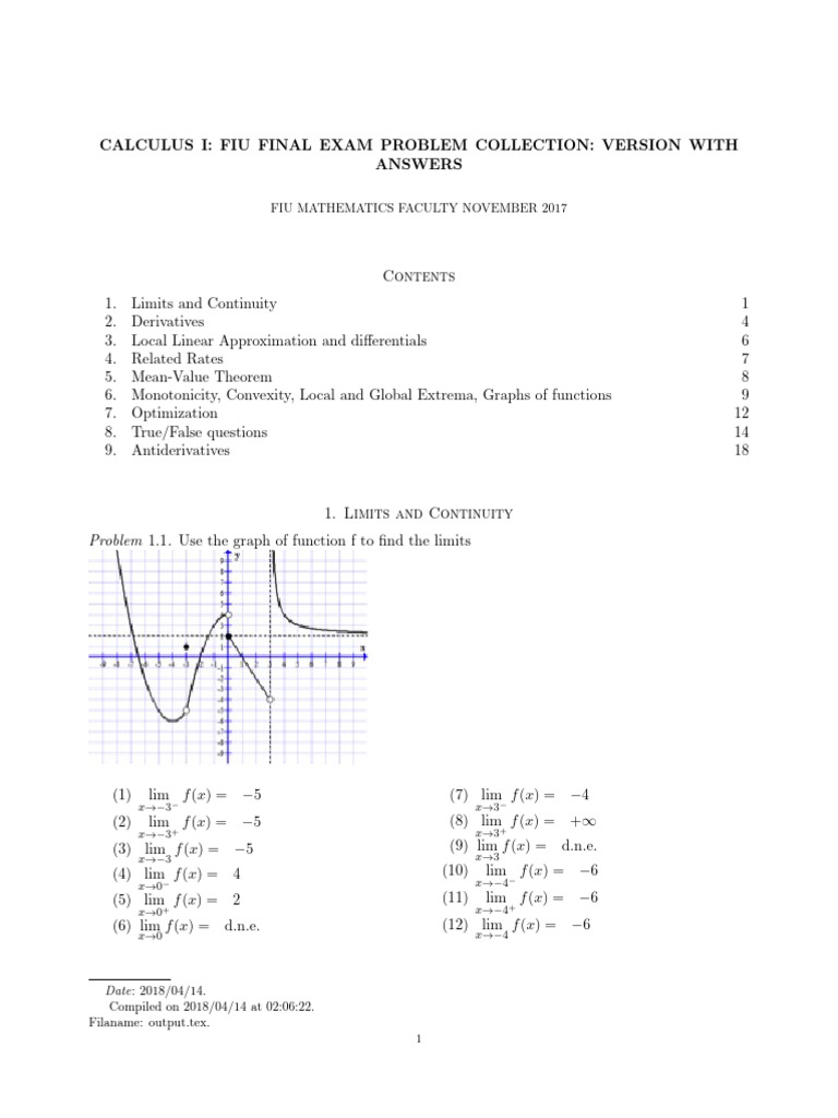 FIU Calculus I Final Exam Problems | PDF | Function (Mathematics ...