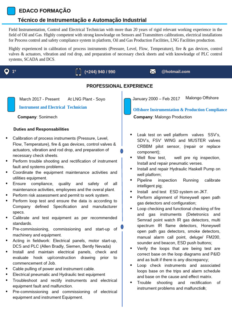 Instrument Technician CV - Sonimech | PDF | Instrumentation | Valve