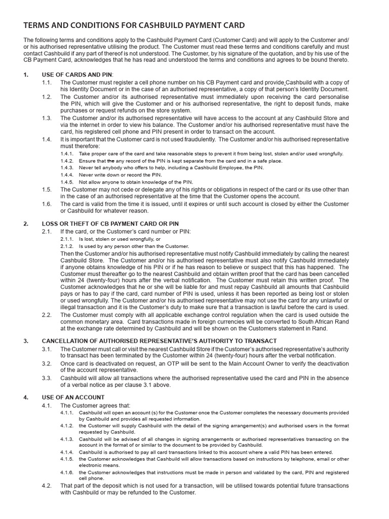 Cashbuild Payment Card Terms & Use | PDF | Personal Identification ...