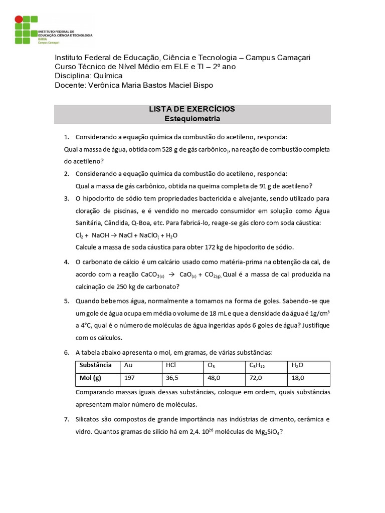 Exercícios de Estequiometria em Química | PDF | Combustão | Dióxido de ...