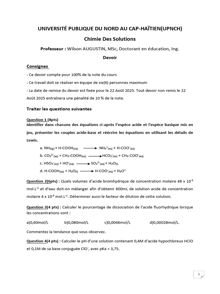 Chimie des solutions : exercices et calculs | PDF | Acide | Ph