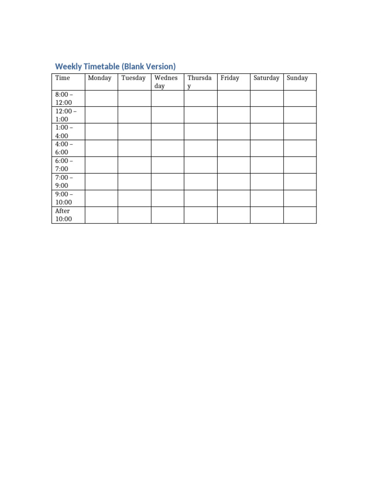 Blank Weekly Timetable Template | PDF