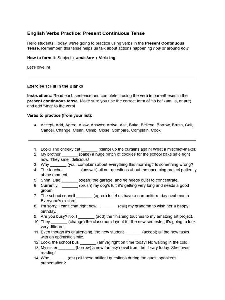 Present Continuous Tense Practice | PDF