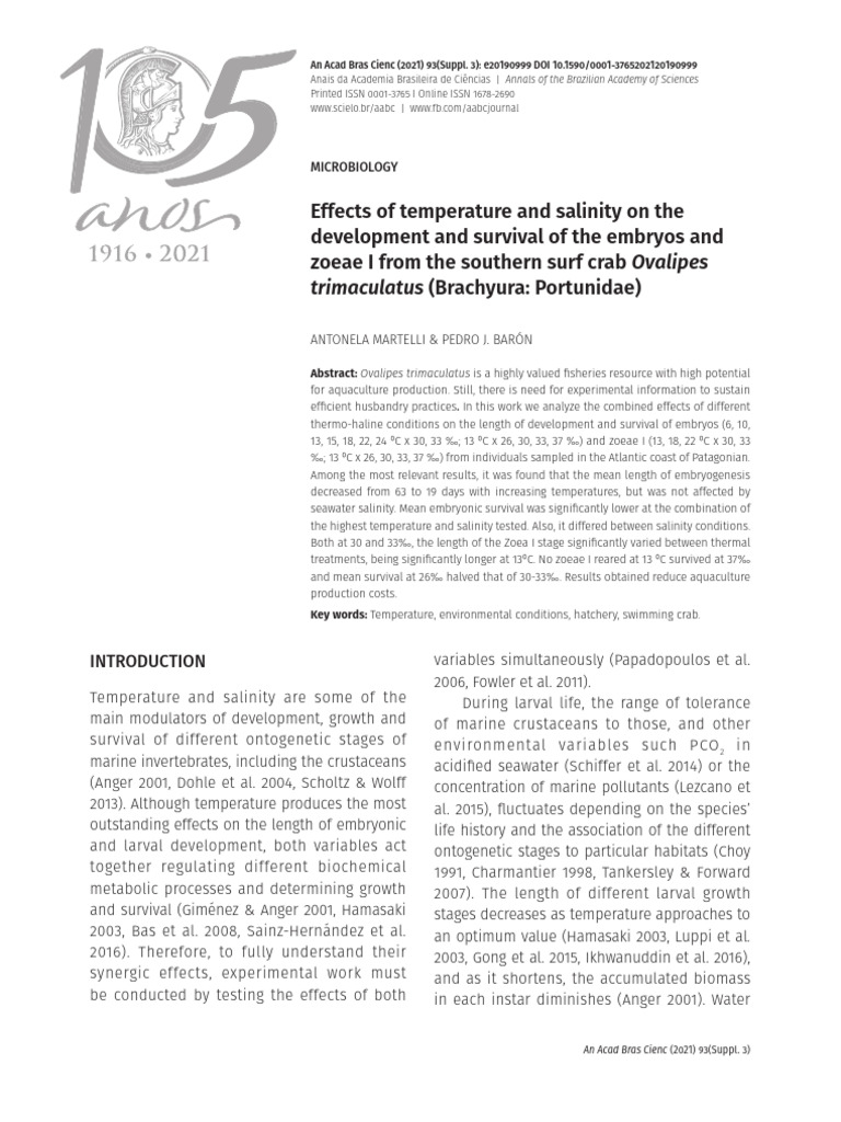 Effects of Temperature and Salinity On The Development and Survival of ...