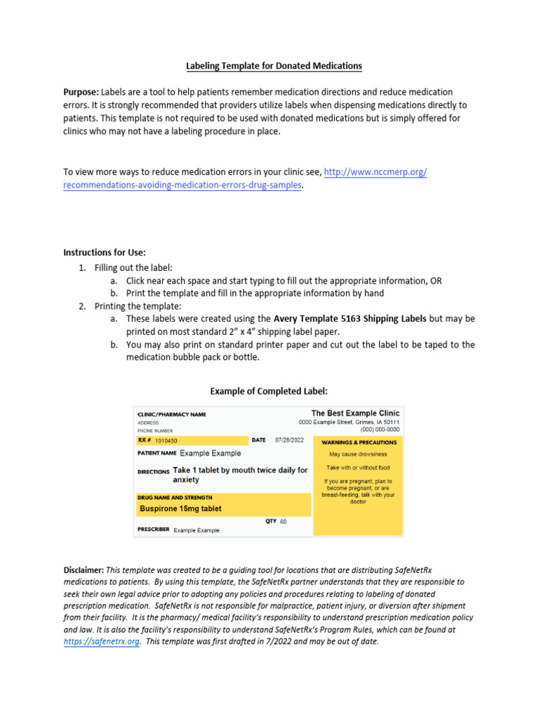 Donated Medication Labeling Template | PDF | Pharmacy | Medical ...
