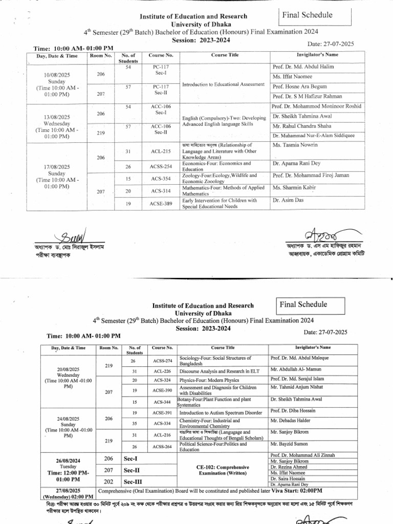 Final Exam Schedule (4th Semester 29th Batch) | PDF