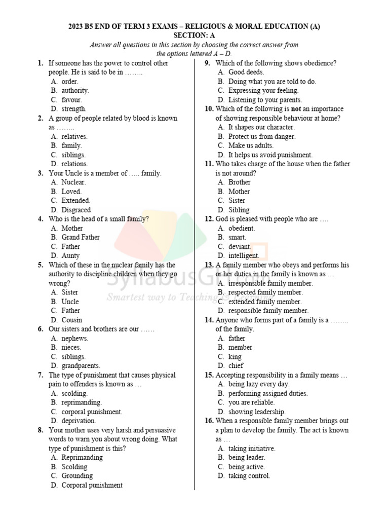 2023 B5 Term 3 Exams: RME Questions | PDF | Religious Belief And Doctrine