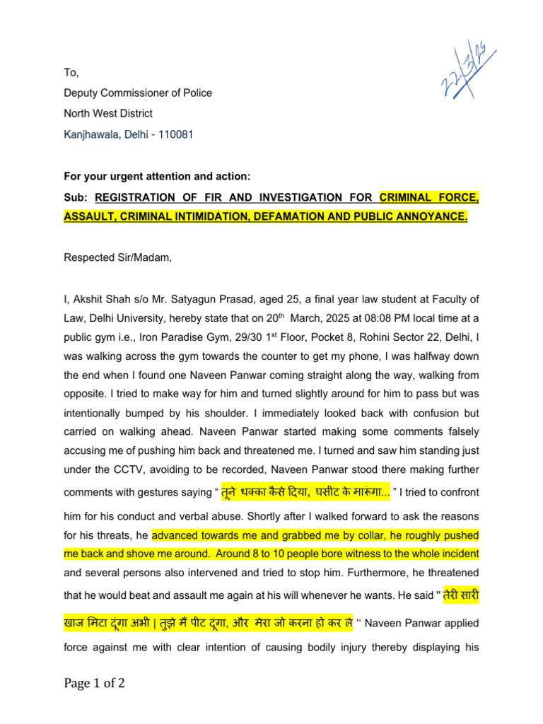 FIR Request for Assault and Intimidation | PDF | Violence | Crimes