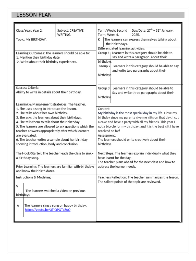 Year 2 Creative Writing: My Birthday | PDF | Lesson Plan | Learning
