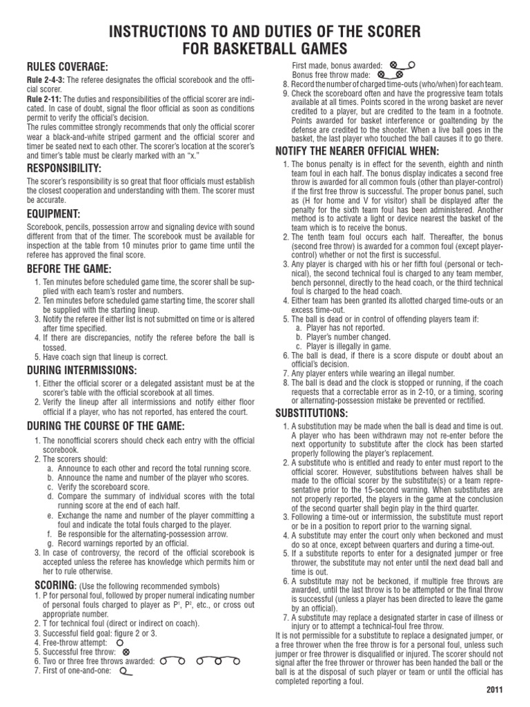 Scorer Duties and Rules for Basketball | PDF | Referee | Sports