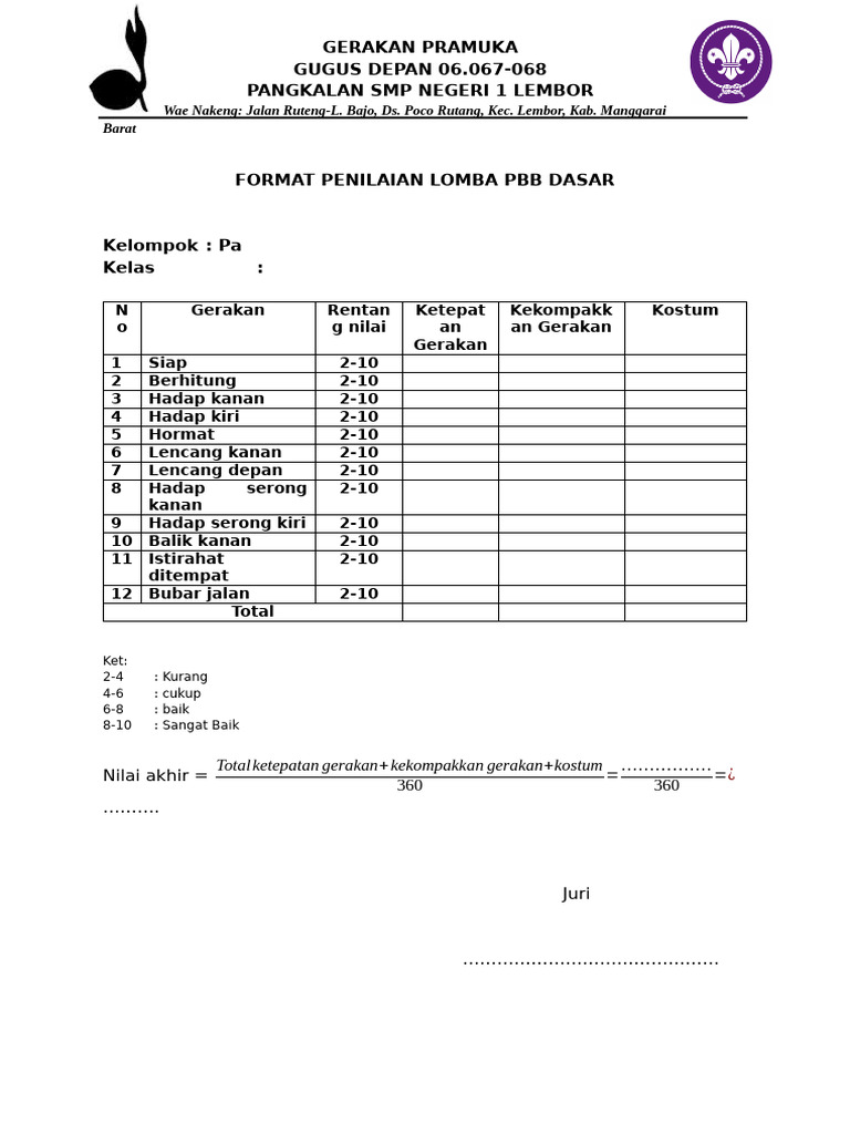 Format Penilaian Lomba PBB Pramuka | PDF