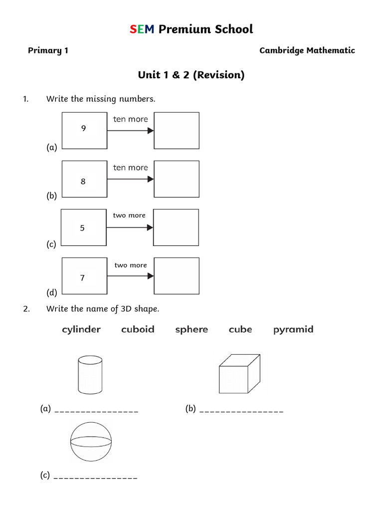 Cambridge Grade 1 Maths Revision Worksheets | PDF