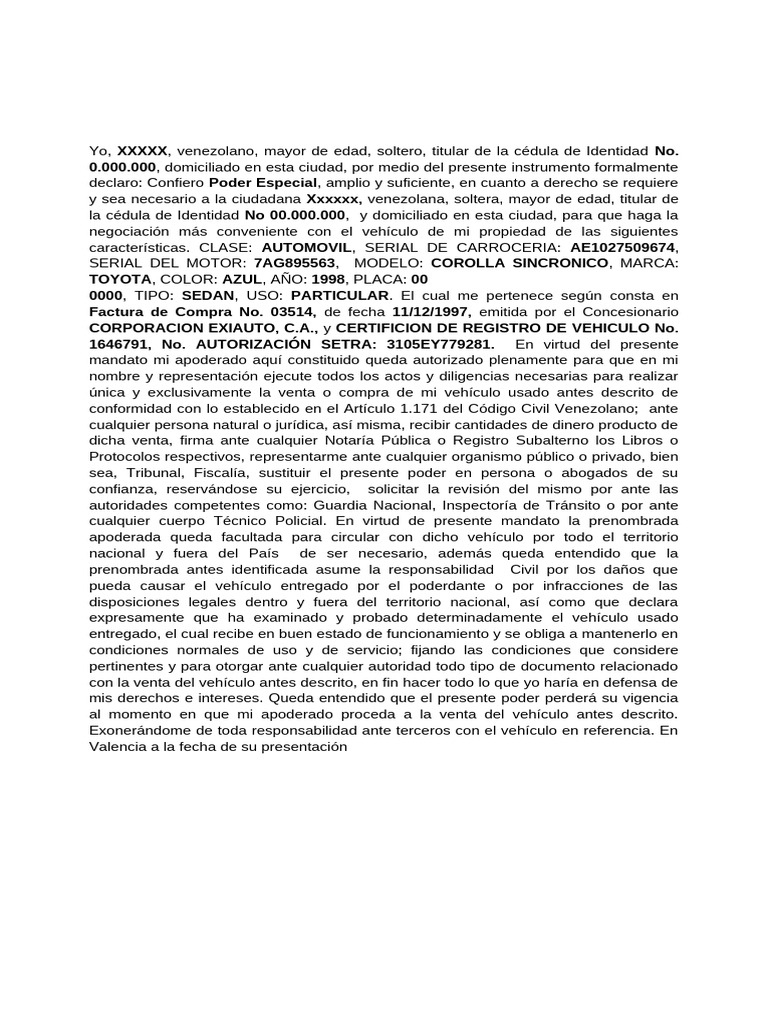 Poder para venta de vehículo usado | PDF | Justicia | Crimen y violencia