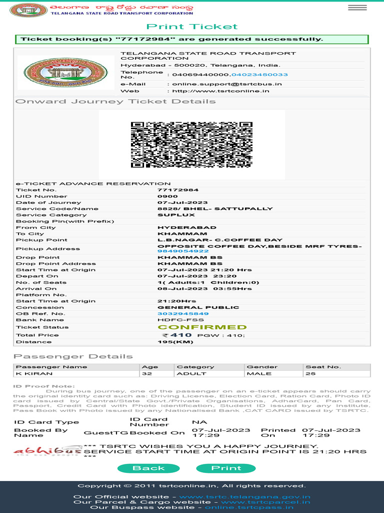 TSRTC Online Bus Ticket Confirmation | PDF | Identity Document ...