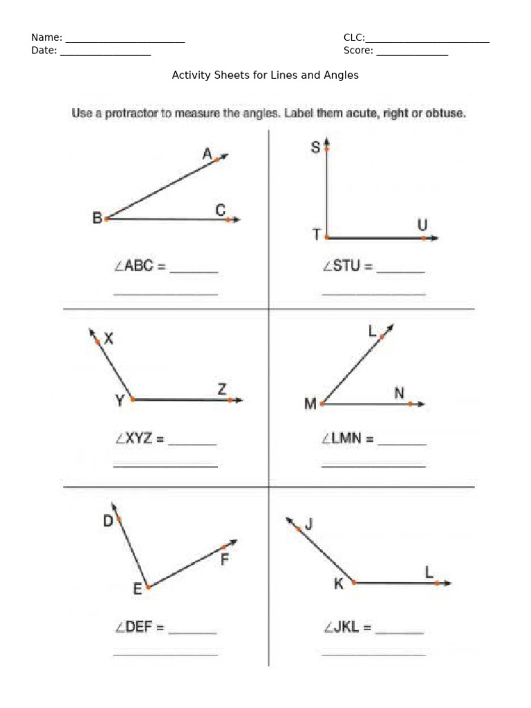 Lines and Angles Activity Sheets | PDF