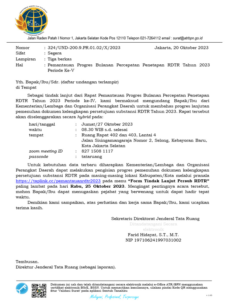 Undangan Rapat Pemantauan RDTR 2023 | PDF