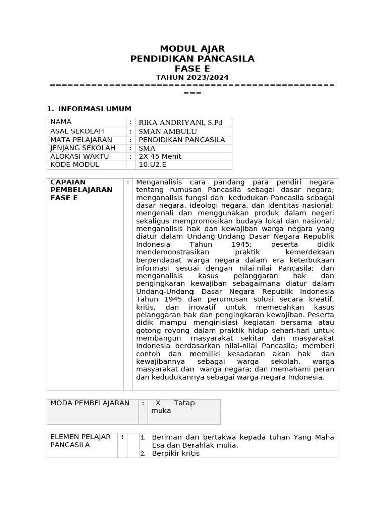 Modul Ajar Pendidikan Pancasila SMA | PDF