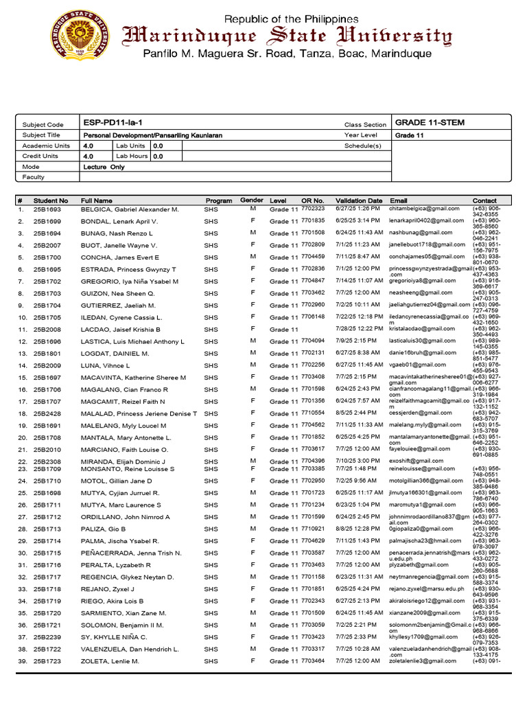 2025-2026 Grade 11 Enrollment List | PDF | Schools | Educational Stages