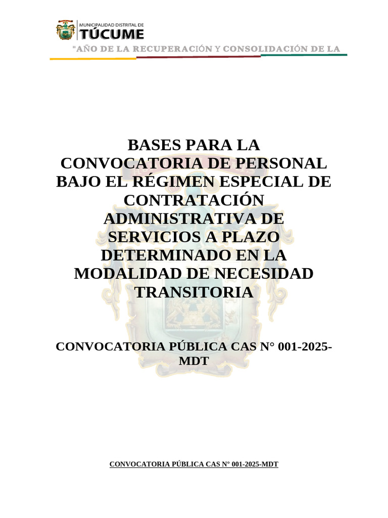 Bases para La Convocatoria de Personal Bajo El Régimen Especial de Cas ...