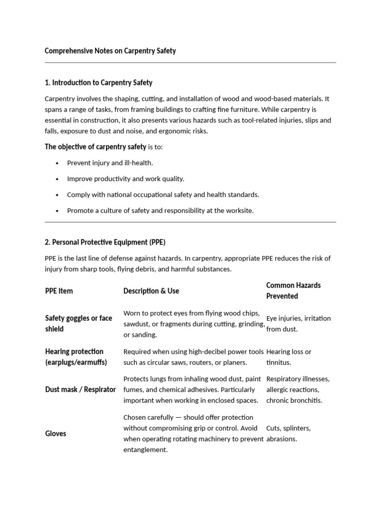 Workshop Comprehensive Notes On Carpentry Safety Pdf Personal