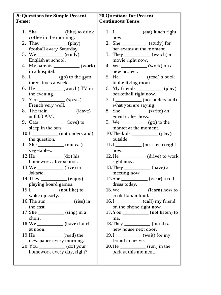 Simple Present & Continuous Questions | PDF
