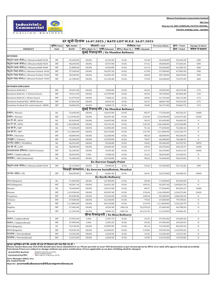 BPCL Bitumen Price List 2025 | PDF | Fossil Fuels | Petroleum Industry