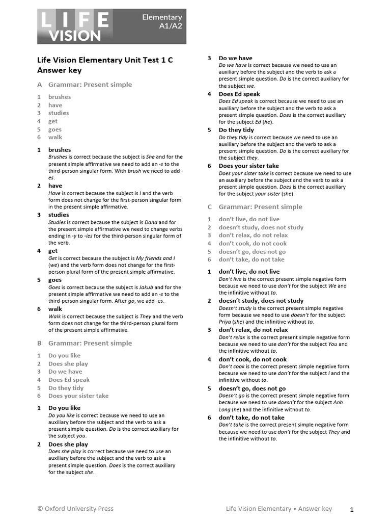 Life Vision Elementary Answer Key | PDF | Question | Linguistics