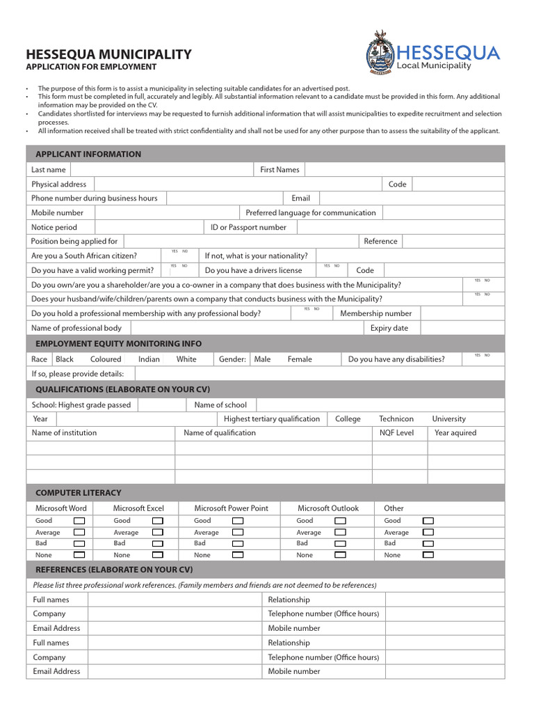 Hessequa Municipality Employment Application | PDF | Criminal Record ...