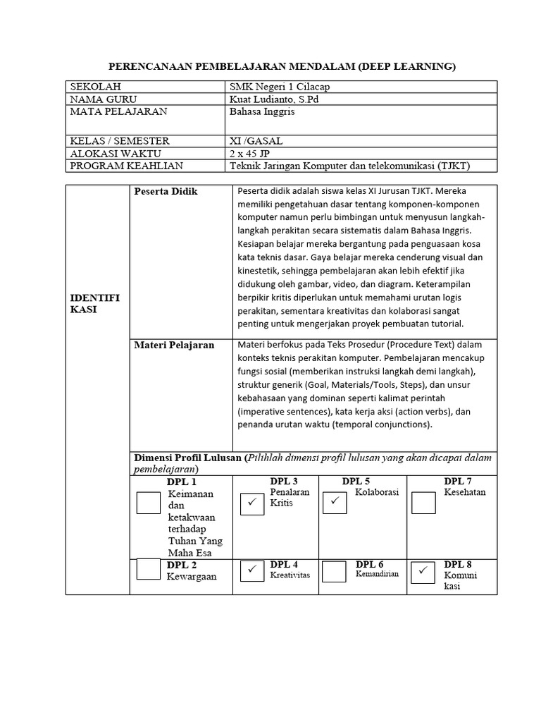 RPP Pembelajaran Deep Learning SMP | PDF