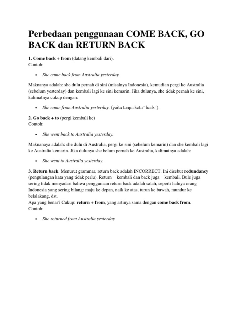 Perbedaan Come Back, Go Back, Return | PDF | Seni & Disiplin Bahasa