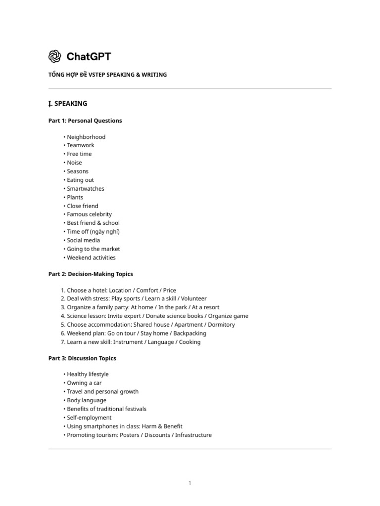 VSTEP Speaking & Writing Topics Guide | PDF