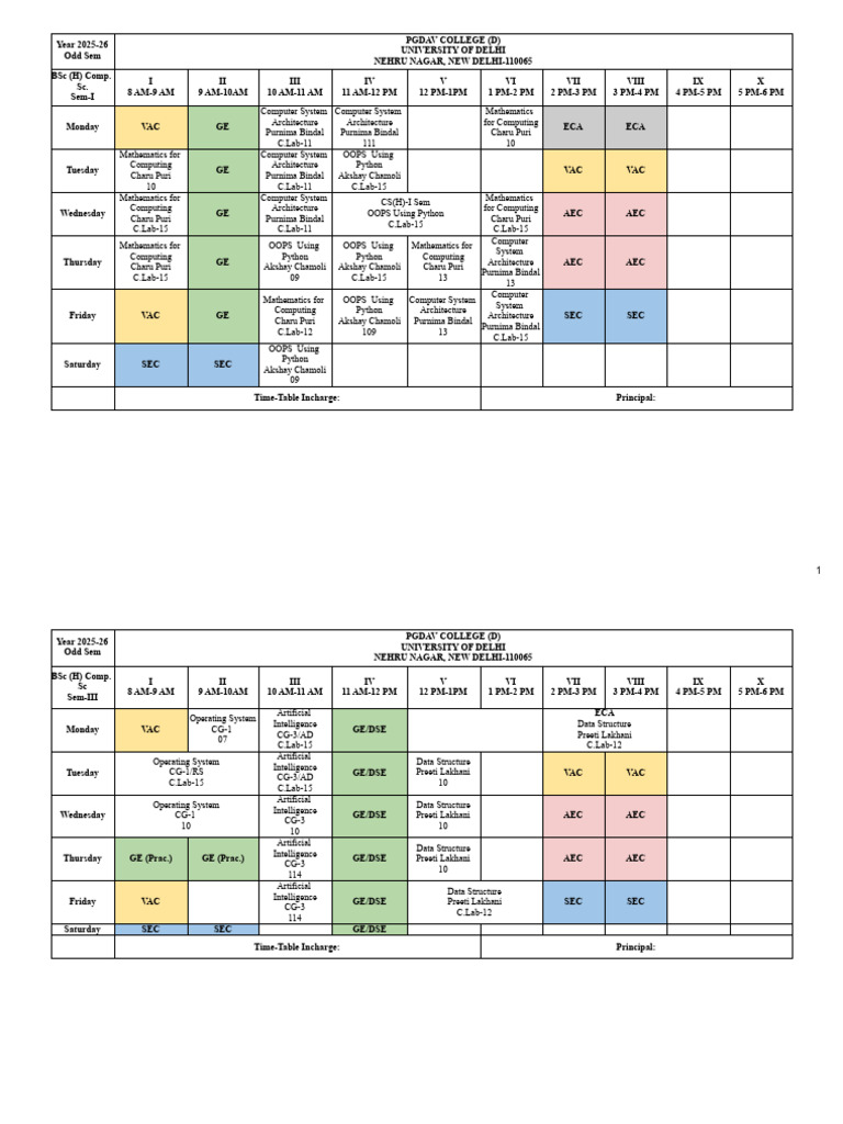 PGDAV College BSc Comp Sci Timetable 2025 | PDF | Computer Science ...