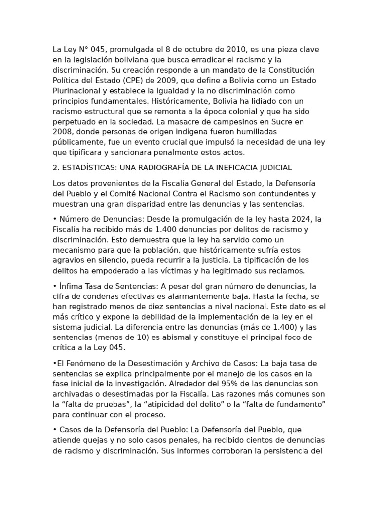 Eficacia de la Ley 045 en Bolivia: Análisis 2024 | PDF | Discriminación ...