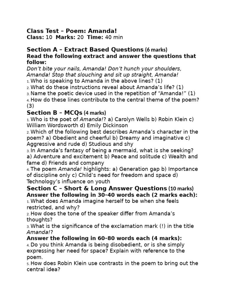 Class 10 Amanda! Poem Test Guide | PDF