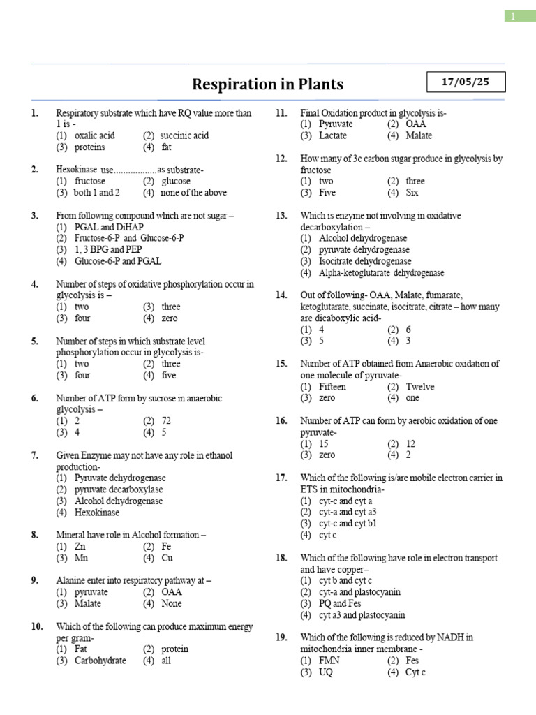 Plant Respiration: Key Concepts and Questions | PDF | Cellular ...