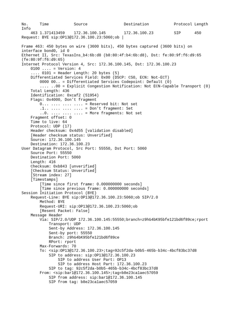 SIP BYE and INVITE Packet Analysis | PDF | Session Initiation Protocol ...